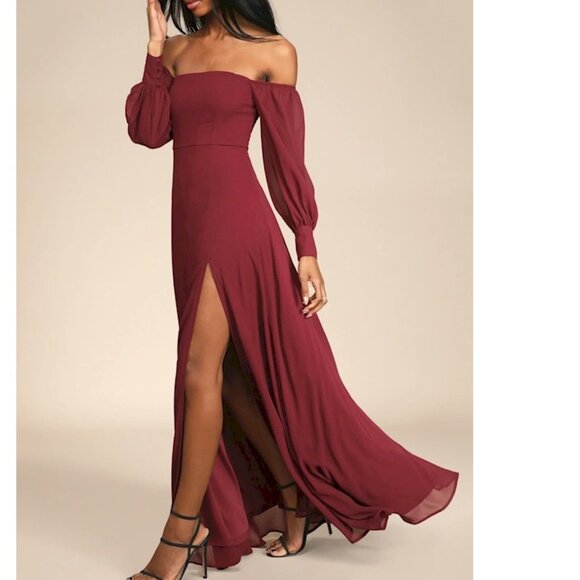 Lulu's Feel Romance Burgundy Off-the-Shoulder Maxi Dress Size Small NWOT - Picture 2 of 6